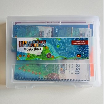 Plastic container with blurred border branding and printed resources inside