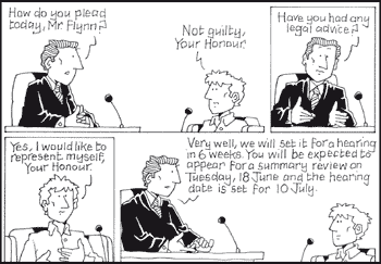 The judge asks 'How do you plead today, Mr Flynn?'; Mr Flynn replies 'Not guilty, Your Honour.'; the judge then asks 'Have you had any legal advice?' and Mr Flynn replies 'Yes, I would like to represent myself, Your Honour.'; the judge responds 'Very well, we will set it for a hearing in 6 weeks. You will be expected to appear for a summary review on Tuesday, 18 June and the hearing date is set for 10 July.'